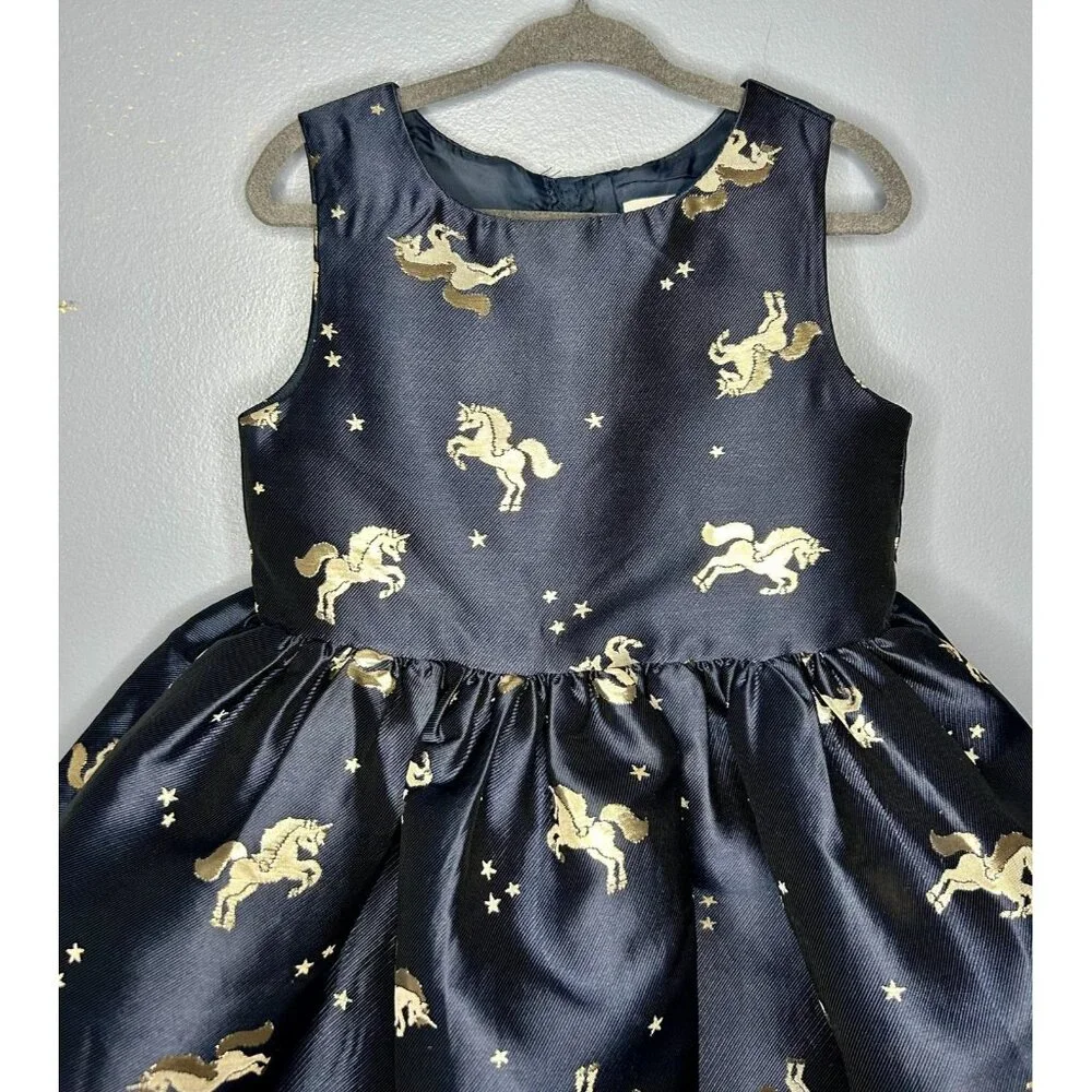 H&M Dress Girls 2-3Y Navy Blue Gold Unicorn Star Print Sleeveless Party‎ Formal